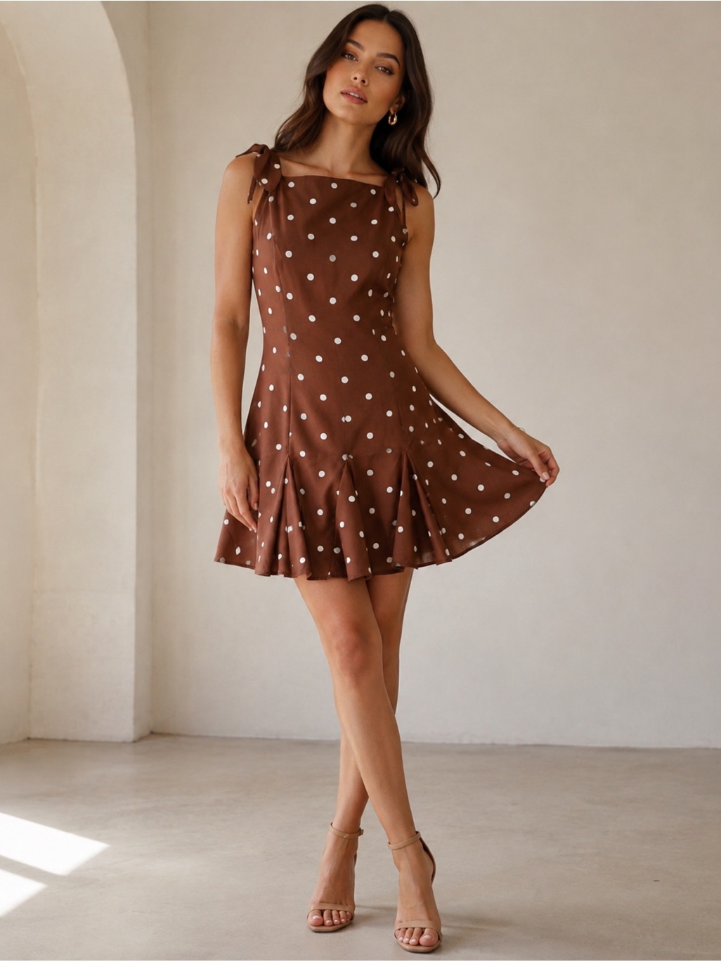 Camila Coelho Polka Dot Tie-Shoulder Ruffle Hem Mini Dress